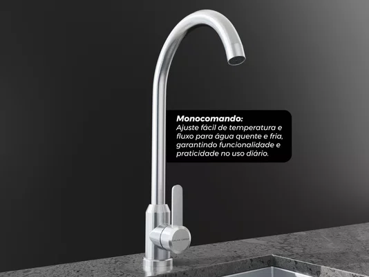 Torneira Monocomando Essence Em Aço Inox Escovado Com Bica Giratória e Arejador