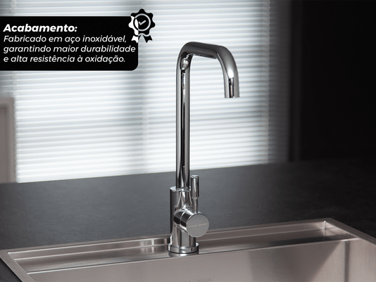 Torneira Monocomando Kitchen Em Aço Inox Polido Bica Giratória e Arejador