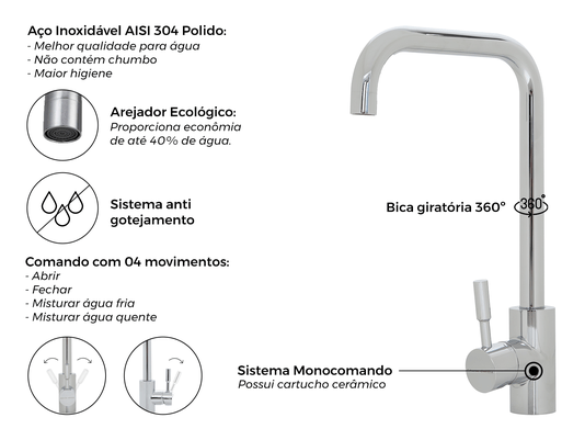 Torneira Monocomando Kitchen Em Aço Inox Polido Bica Giratória e Arejador