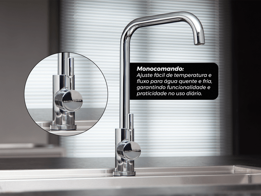 Torneira Monocomando Kitchen Em Aço Inox Polido Bica Giratória e Arejador