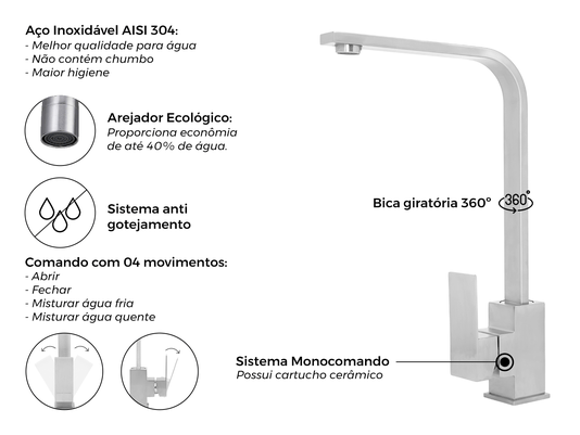 Torneira Monocomando Exclusive Em Aço Inox Escovado Bica Giratória e Arejador