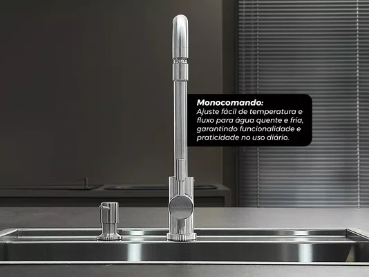 Torneira Monocomando Kitchen Pro em Aço Inox Escovado Com Bico Articulado e Arejador