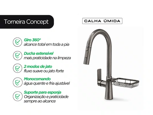 Torneira Monocomando Titânio Concept Extensível Com Porta Esponja Para Cozinha