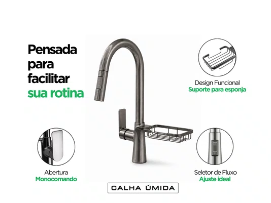 Torneira Monocomando Titânio Concept Extensível Com Porta Esponja Para Cozinha