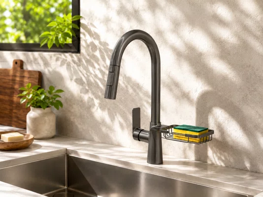 Torneira Monocomando Titânio Concept Extensível Com Porta Esponja Para Cozinha