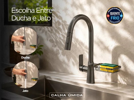 Torneira Monocomando Titânio Concept Extensível Com Porta Esponja Para Cozinha
