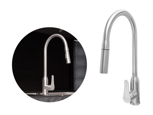 Torneira Monocomando Versatile Extensível Em Aço Inox 304 Escovado Bica Giratória e Arejador