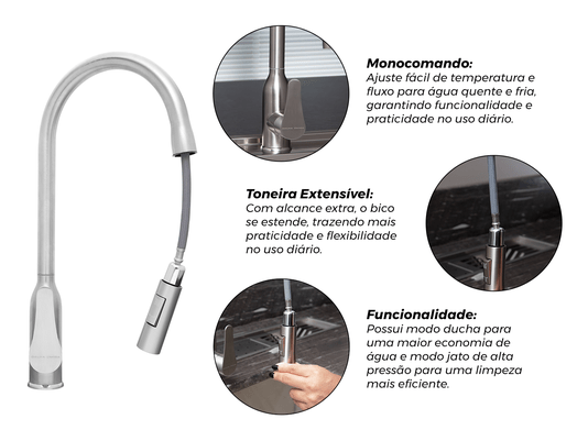 Torneira Monocomando Versatile Extensível Em Aço Inox 304 Escovado Bica Giratória e Arejador