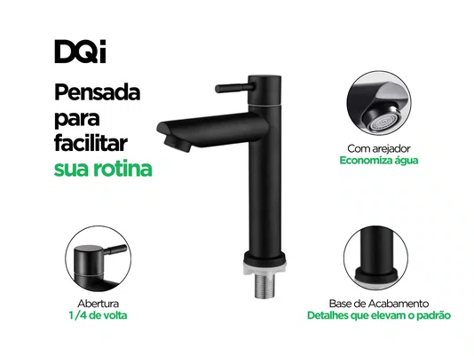 Torneira Aço Inox de Bancada Preta Para Banheiro e Lavabo Mobi DQI