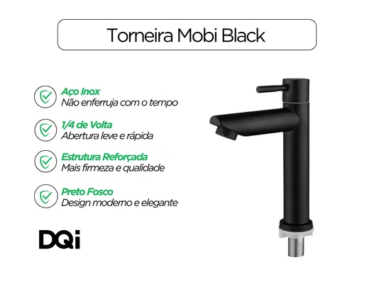 Torneira Aço Inox de Bancada Preta Para Banheiro e Lavabo Mobi DQI