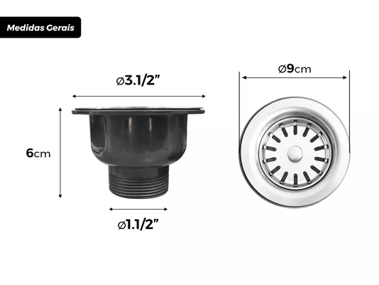 Válvula Premium 3.1/2'' Em Aço Inox 304 Para Cuba Pia De Cozinha Pino Inox