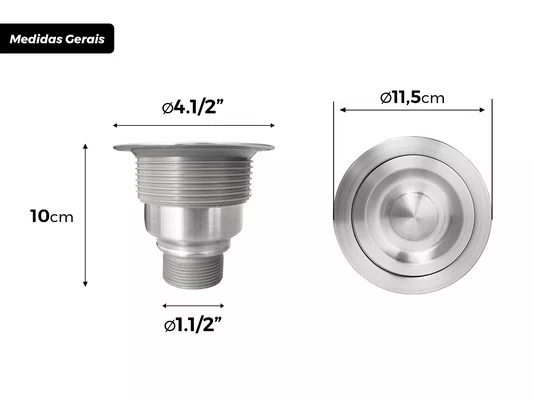 Válvula De Pia 4 1/2" Com Ralo Cesto Removível Em Inox 304 Escovado