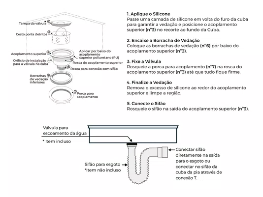Válvula De Pia 4 1/2" Com Ralo Cesto Removível Em Inox 304 Escovado
