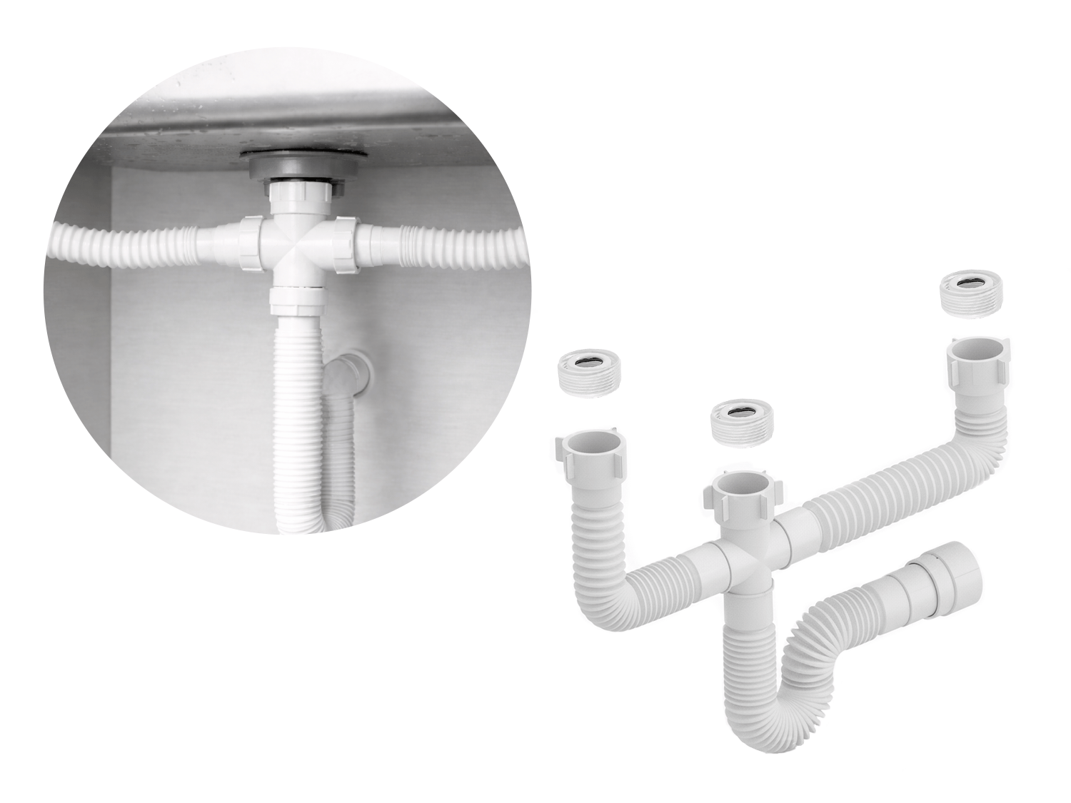 Sifão Triplo Sanfonado 58CM Universal Branco Para Cuba Dupla Com Escorredor Embutido