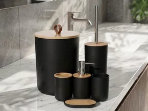 Kit Banheiro 6 Peças Elegance Preto com Detalhes em Bambu