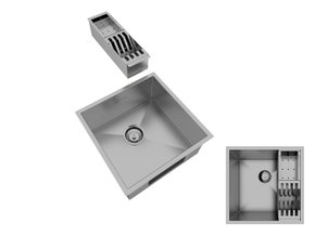 Cuba De Sobrepor Quadratta 44x44cm Em Aço Inox Escovado Com Cesto Escorredor Mini 3 Módulos e Válvula De 3.1/2