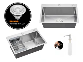 Cuba De Sobrepor Essence 60x40cm Em Aço Inox Escovado Com Escorredor Extensível, Dispenser Dosador E Válvula De 4.1/2