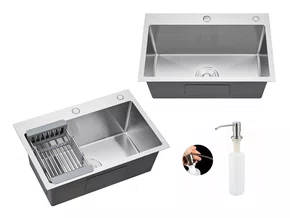 Cuba De Sobrepor Essence 60x40cm Em Aço Inox Escovado Com Escorredor Extensível, Dispenser Dosador E Válvula De 4.1/2