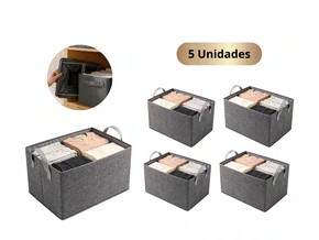 Kit 5 Cestos Organizadores De Tecido Cinza Dobrável Para Closet E Armário Lavável Multiuso