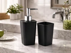 Conjunto Banheiro 2 Peças Preto com Dispenser e Porta Escova