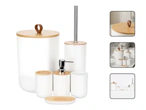 Kit Banheiro 6 Peças Elegance Branco com Detalhes em Bambu
