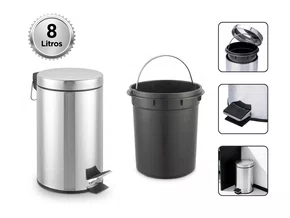 Lixeira Inox 8L com Pedal e Cesto Interno para Cozinha e Escritório