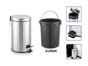 Lixeira Inox Escovado 8L com Pedal e Cesto Interno Removível