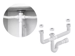 Sifão Triplo Sanfonado 58CM Universal Branco Para Cuba Dupla Com Escorredor Embutido