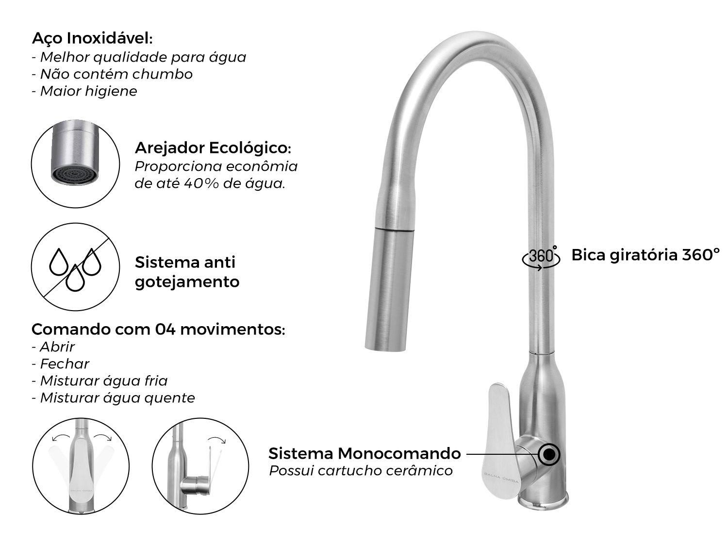 Torneira Monocomando Versatile Extensível Em Aço Inox 304 Escovado Bica Giratória e Arejador