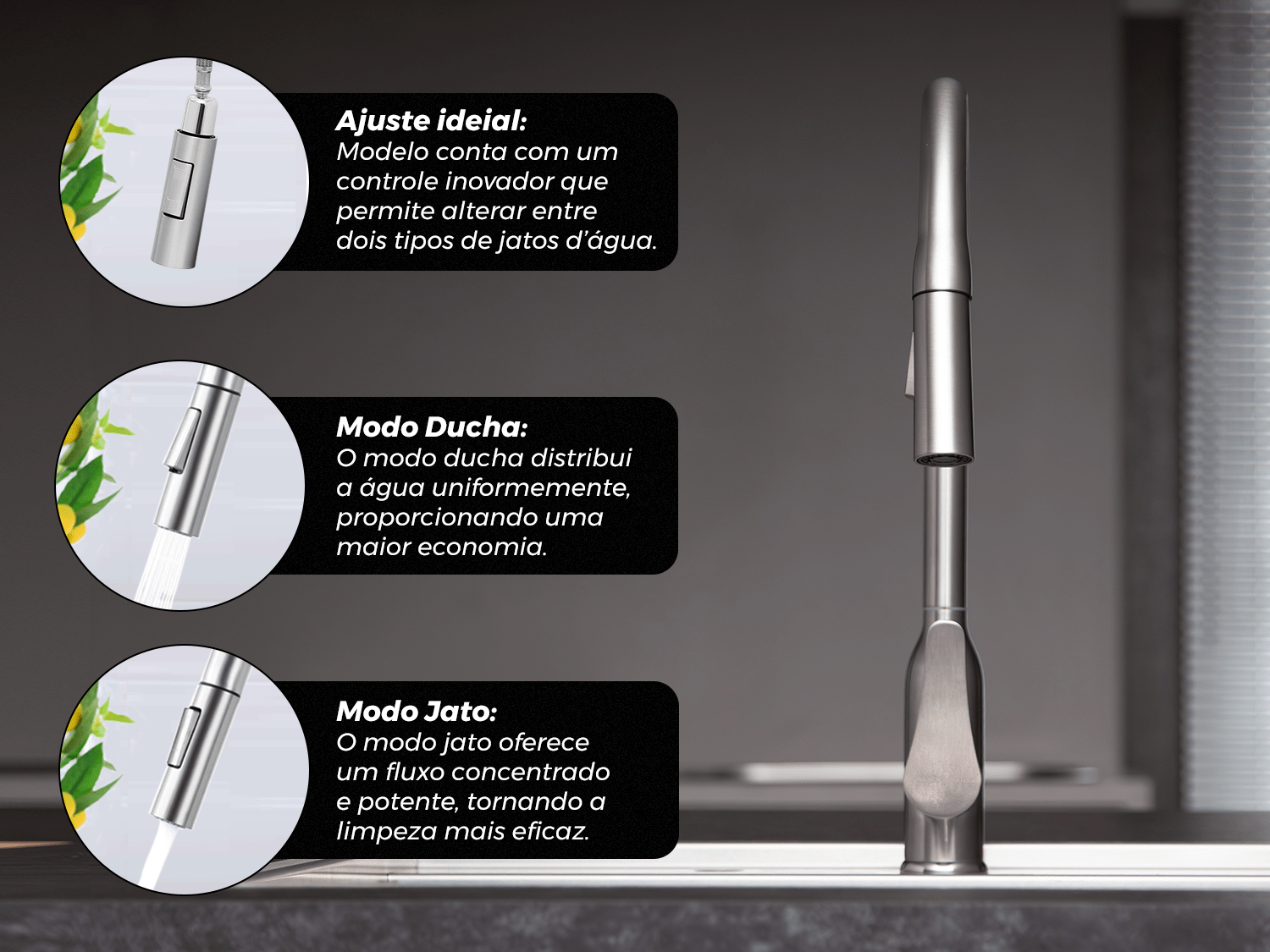 Torneira Monocomando Versatile Extensível Em Aço Inox 304 Escovado Bica Giratória e Arejador
